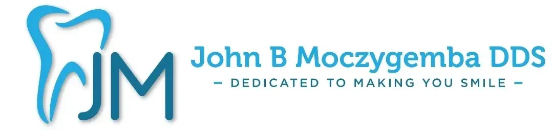 A blue and white logo of john b moore